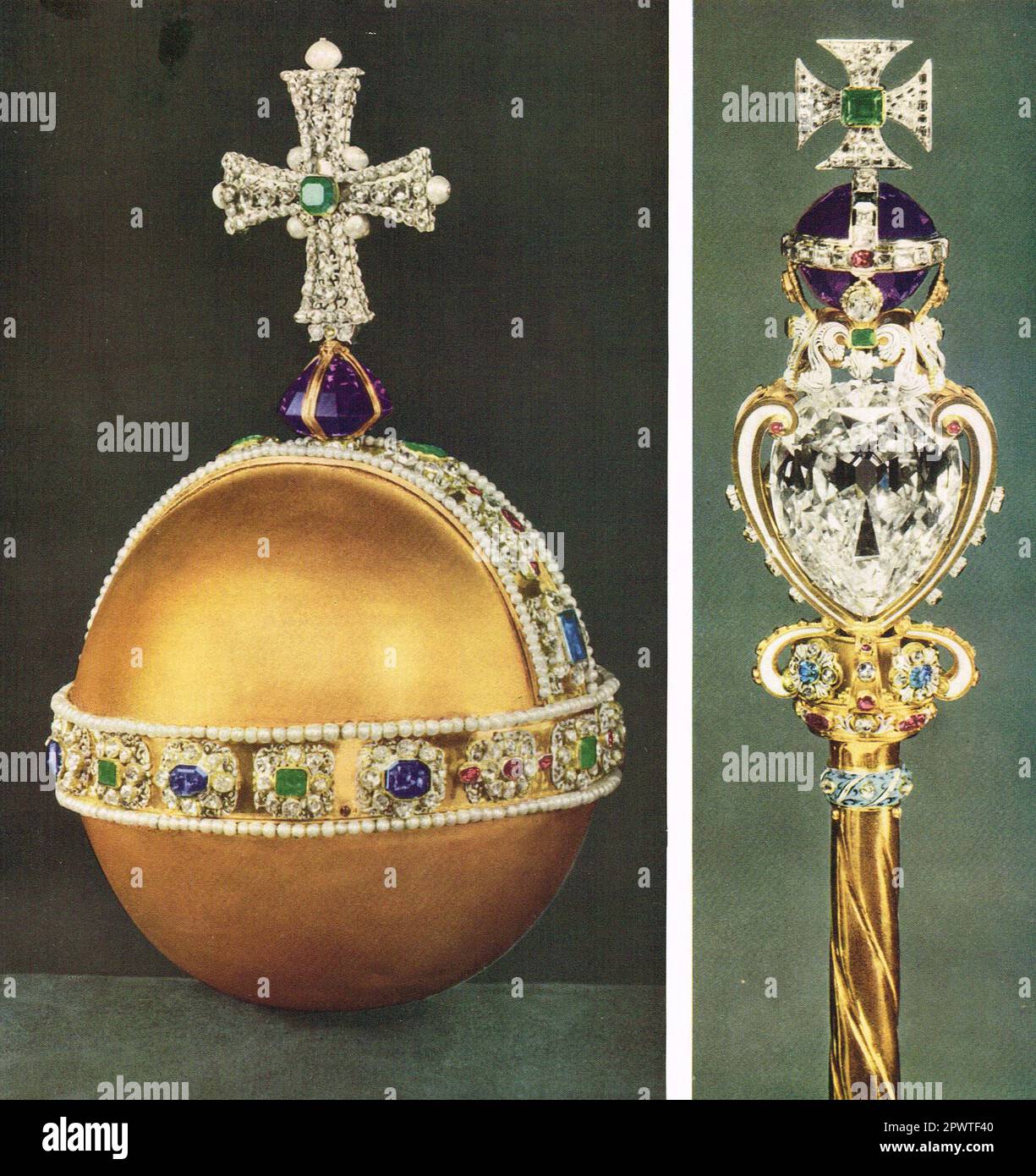 Incoronazione regalia. L'Orb e lo scettro reale con croce. Crown Jewels del Regno Unito. Lo scettro è un simbolo di potere regale e di giustizia, e il globo è ritenuto per significare il dominio della chiesa cristiana sul mondo. Foto Stock