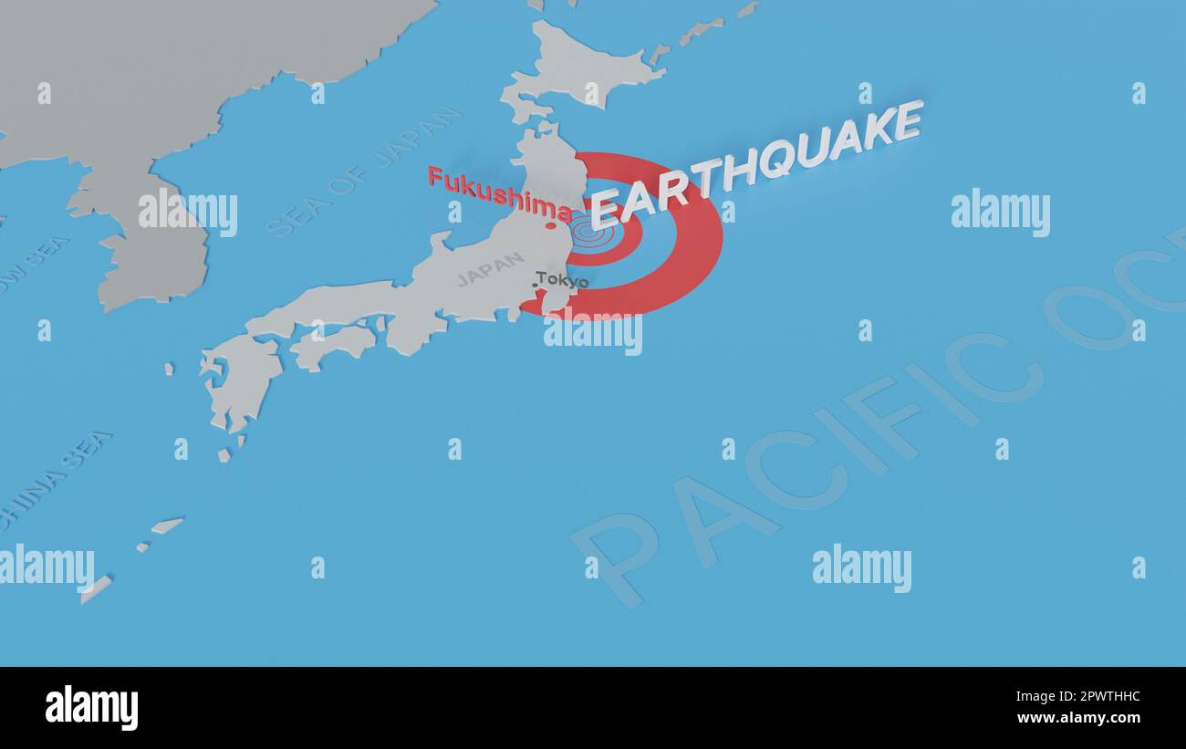 Mappa del Giappone che mostra la posizione del terremoto di magnitudo 7,3 Richter, si è verificato nel 16 marzo 2022. Rendering digitale 3D. Foto Stock