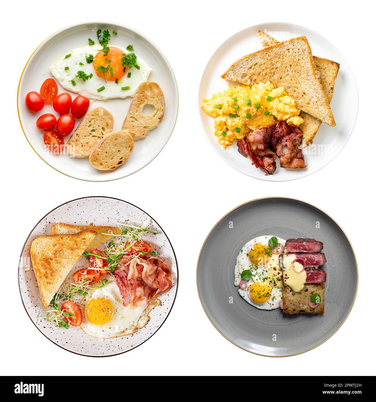 Set di varie colazioni all'inglese con uova fritte o strapazzate, pancetta e verdure servite in piatti, vista dall'alto isolata Foto Stock