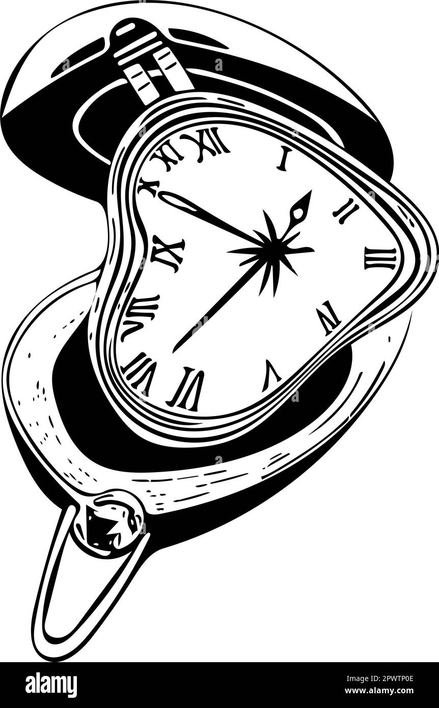 Sveglia da viaggio con quadrante romano. L'orologio è distorto in una prospettiva irrazionale. Vettore dei contorni per la colorazione. Illustrazione Vettoriale