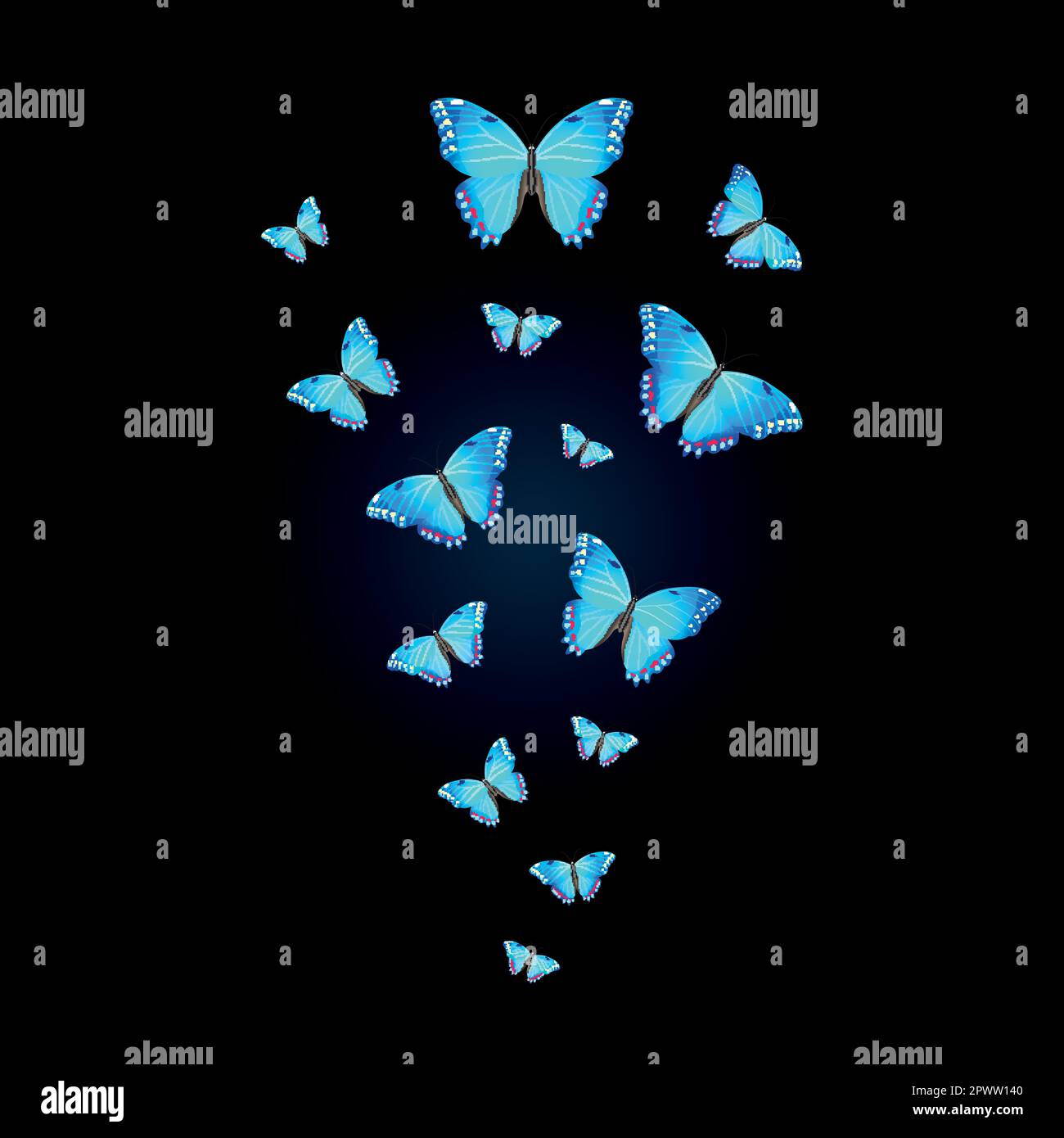 gregge di farfalle blu brillante su sfondo nero Illustrazione Vettoriale