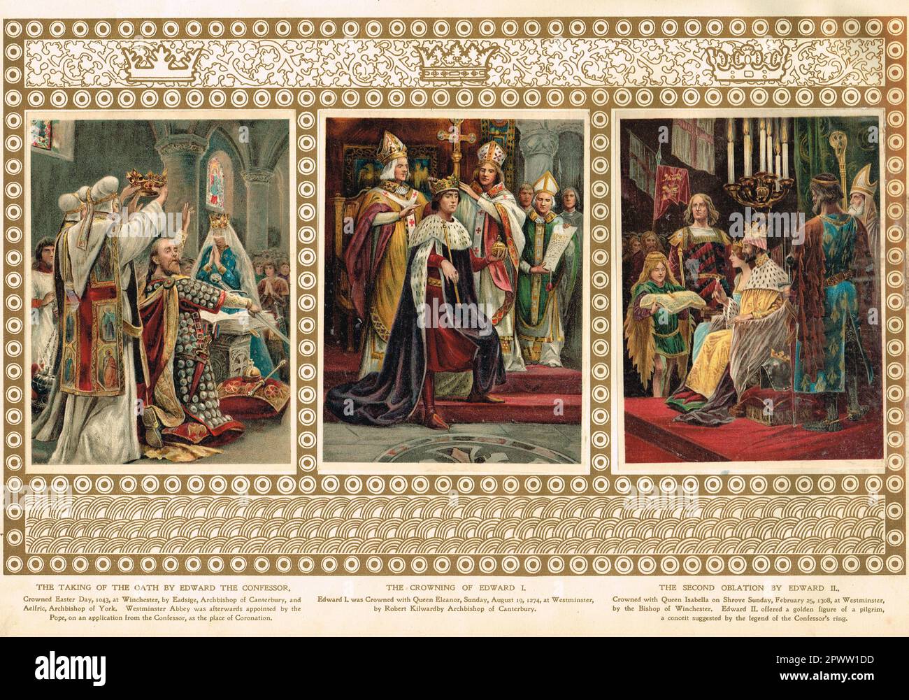 Illustrazioni delle incoronazioni di Edoardo il confessore, Edoardo i ed Edoardo II in 1043, 1274 e 1308 Foto Stock