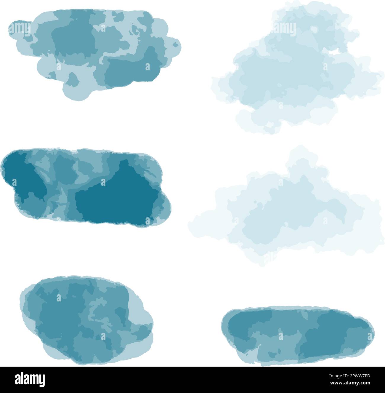 Macchie blu acquerello impostate. Raffiche astratte di cielo di forme diverse. Raccolta di tratti di pittura testurizzati, illustrazione vettoriale Illustrazione Vettoriale