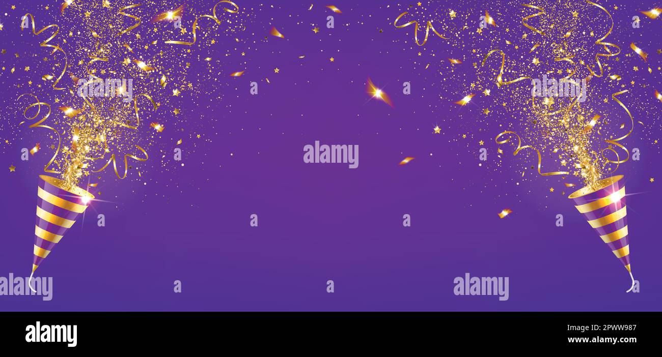 banner festivo con pop-party a esplosione con coriandoli d'oro su sfondo viola Illustrazione Vettoriale