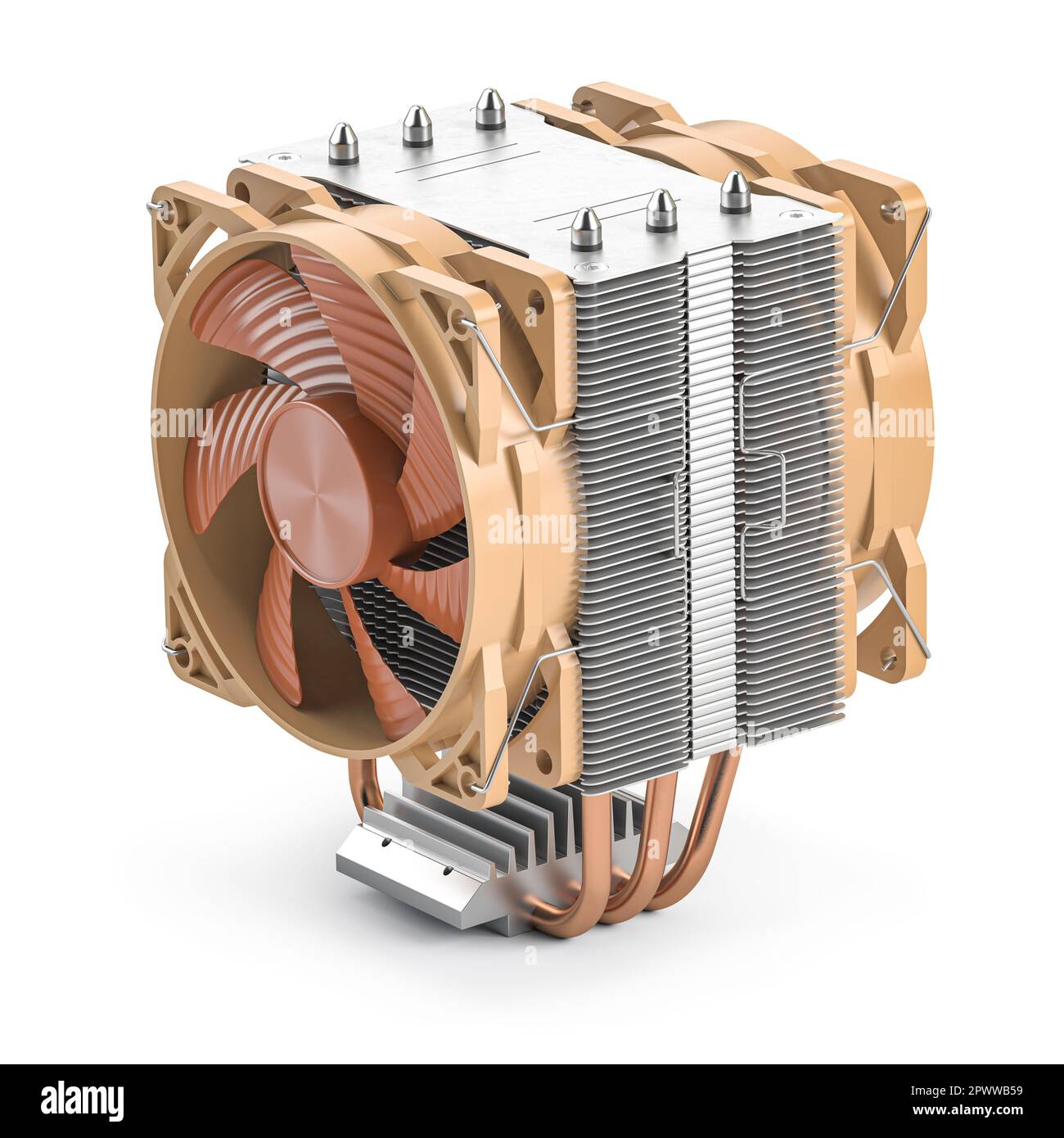 Refrigeratore della CPU con tubi di calore isolati su sfondo bianco. illustrazione 3d Foto Stock