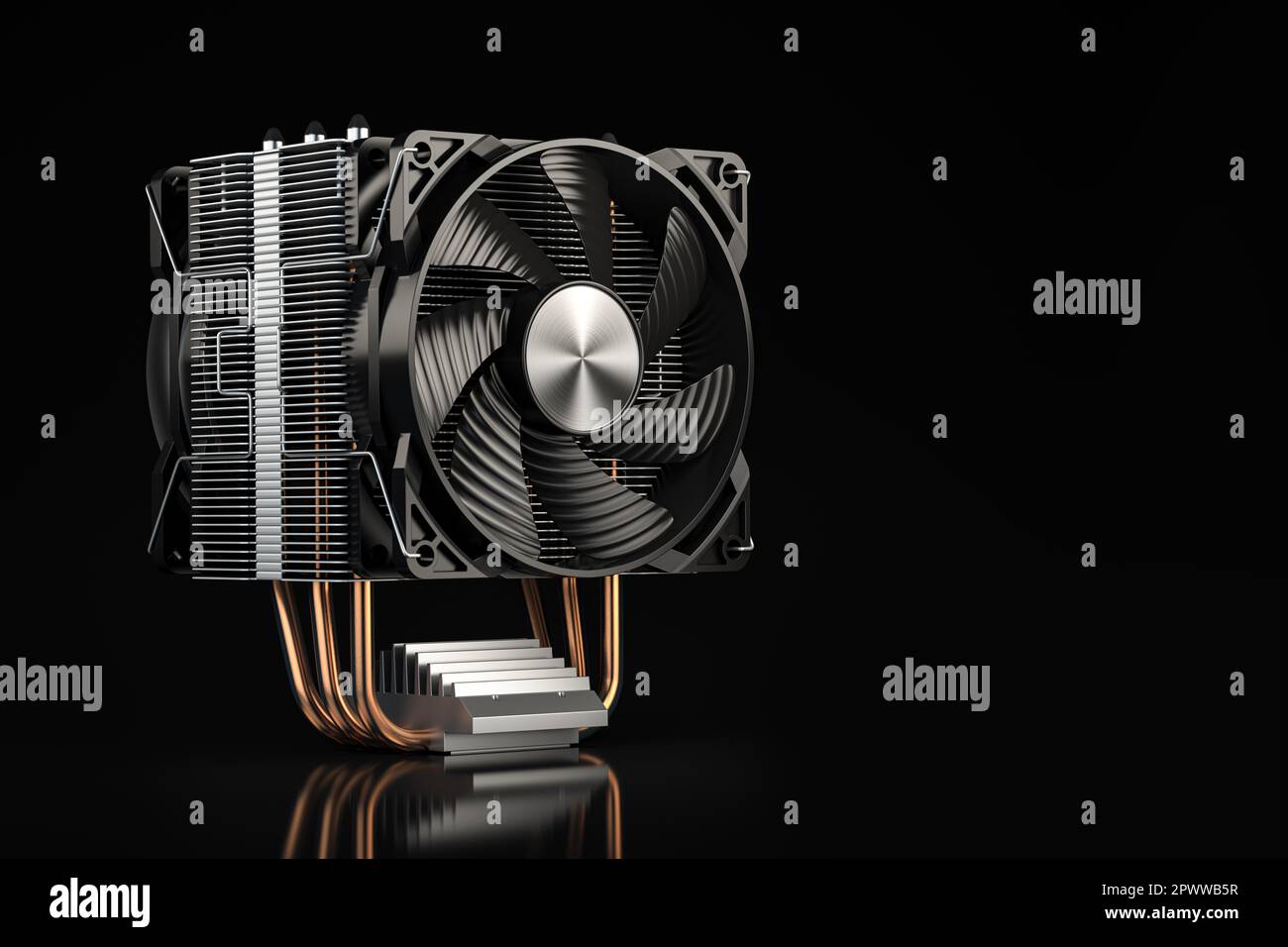 Radiatore CPU con tubi di calore su sfondo nero. illustrazione 3d Foto Stock