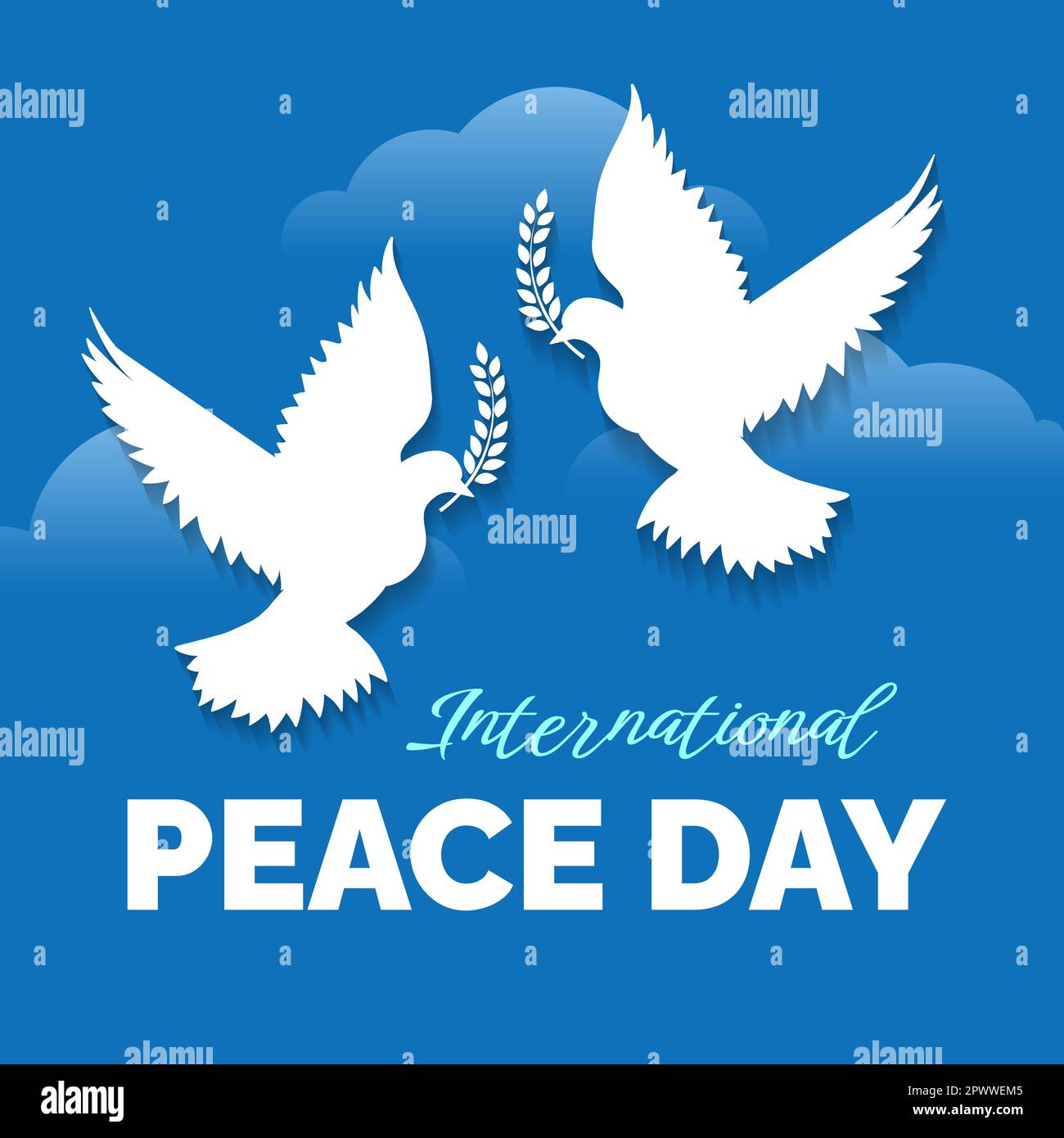Emblema di Pigeon con foglia simbolo di pace. Emblema della Giornata internazionale della pace. Illustrazione vettoriale. Illustrazione Vettoriale