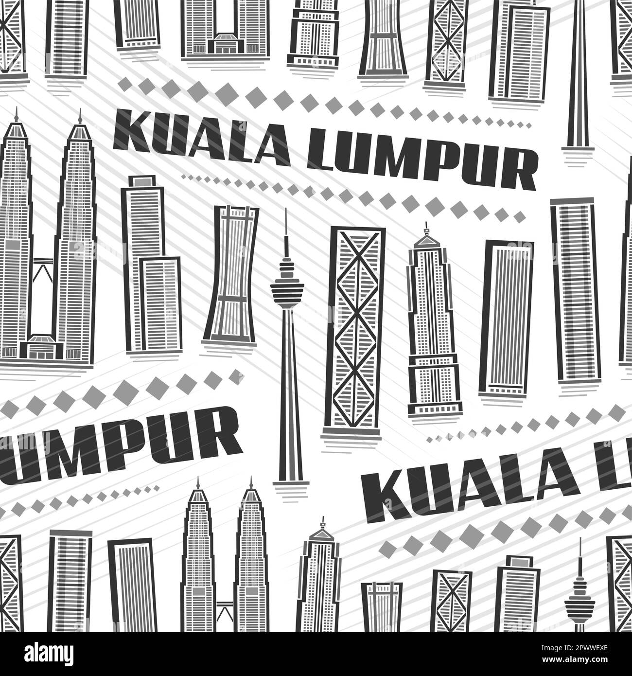 Vector Kuala Lumpur Seamless Pattern, sfondo ripetuto con illustrazione del paesaggio urbano asiatico su sfondo bianco per carta da imballaggio, li monocromatico Illustrazione Vettoriale