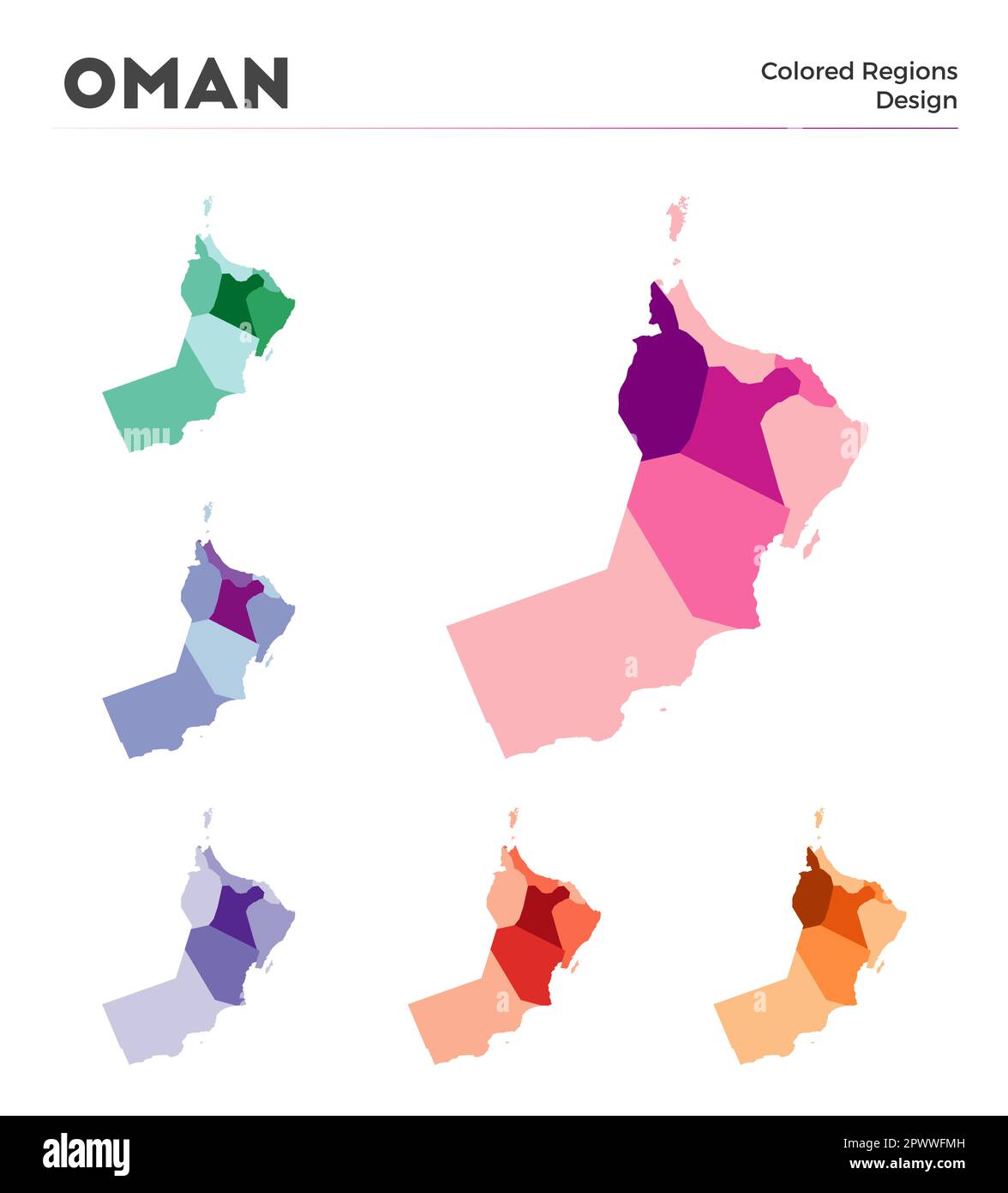 Raccolta mappe Oman. Confini di Oman per la vostra infografica. Regioni di paese colorate. Illustrazione vettoriale. Illustrazione Vettoriale