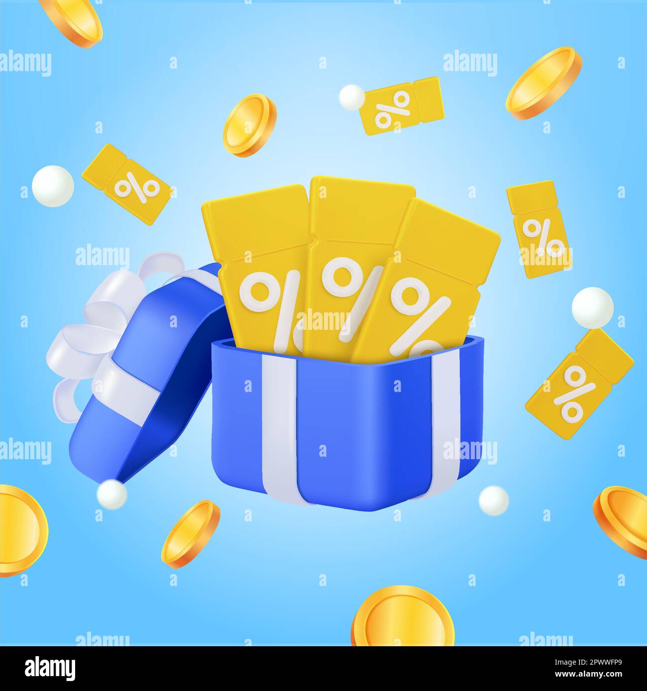 3d sorpresa di apertura della confezione regalo con coupon di sconto, concetto di accumulo punti, programma fedeltà e premi. bonus shopping online, monete galleggianti, monete volanti, coupon volanti, voucher. illustrazione vettoriale. Illustrazione vettoriale Illustrazione Vettoriale