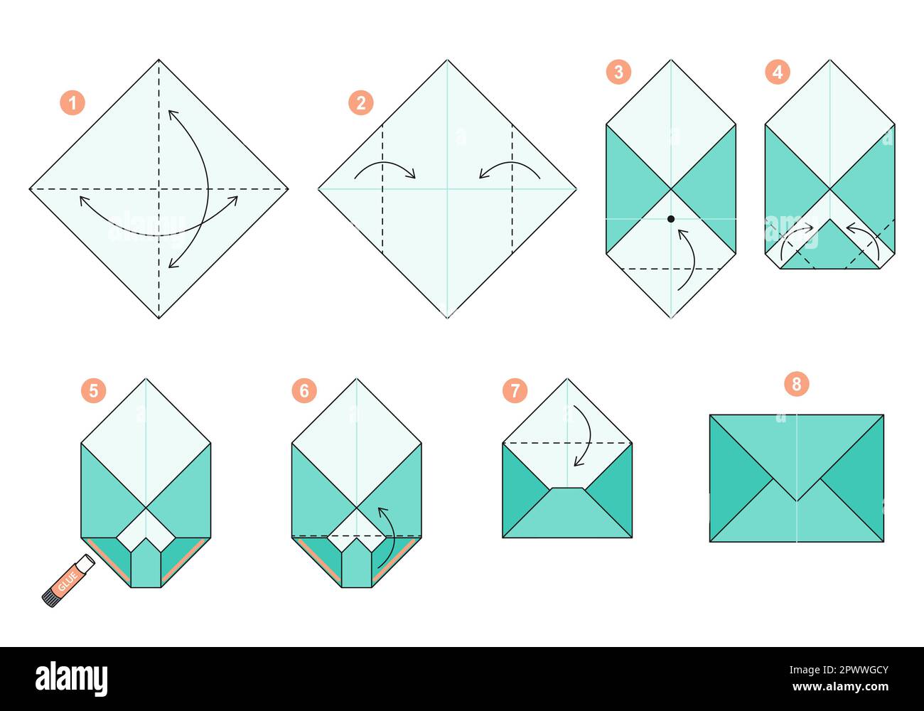 Origami tutorial per bambini. Carina busta Origami. Illustrazione Vettoriale