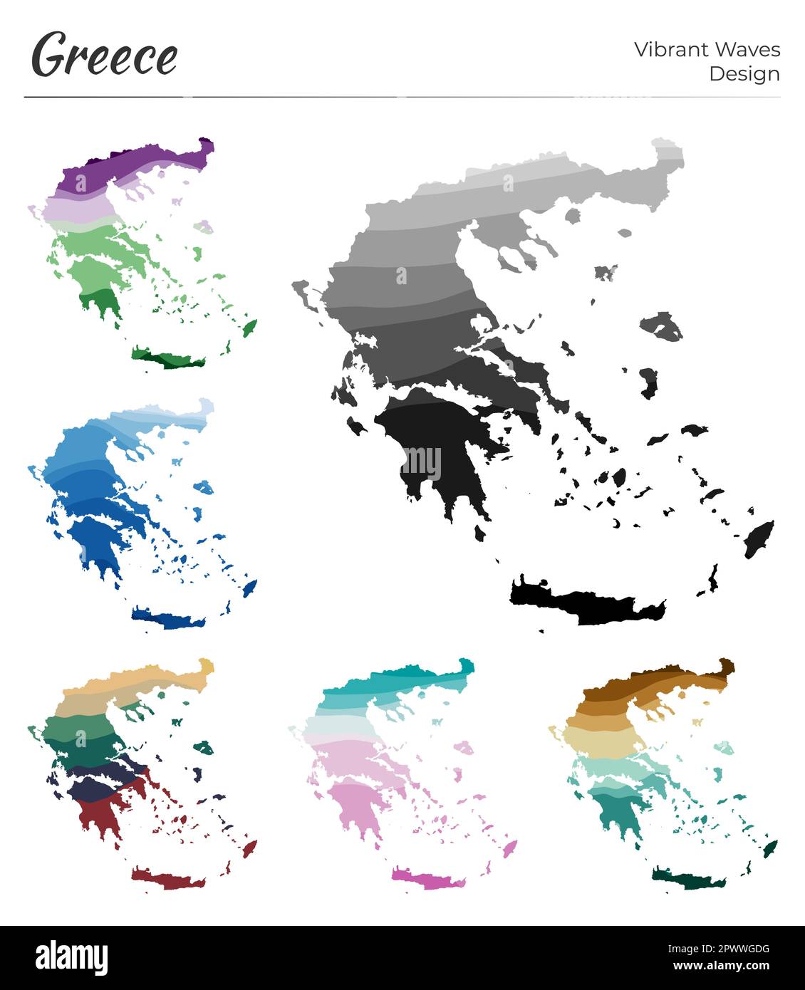 Serie di mappe vettoriali della Grecia. Design dalle onde vibranti. Mappa luminosa del paese in stile geometrico con curve lisce. Mappa multicolore della Grecia per il tuo progetto. Illustrazione Vettoriale