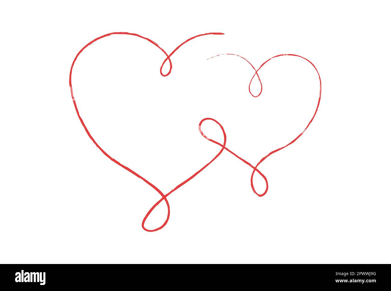 Linee sottili rosse due cuori d'amore su sfondo bianco - illustrazione vettoriale Foto Stock