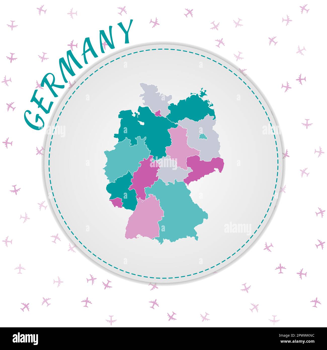 Progettazione mappa Germania. Mappa del paese con regioni nella tavolozza dei colori smeraldo-ametista. Illustrazione Vettoriale