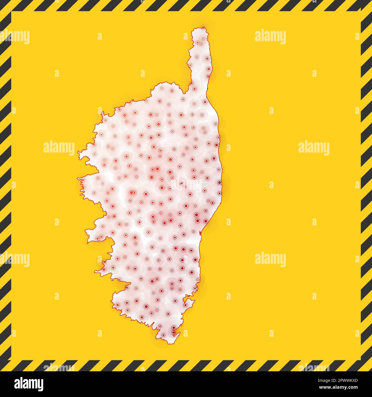 Corsica chiusa - segnale di pericolo del virus. Icona isola di blocco. Bordo a strisce nere intorno alla mappa con il concetto di diffusione del virus. Illustrazione vettoriale. Illustrazione Vettoriale