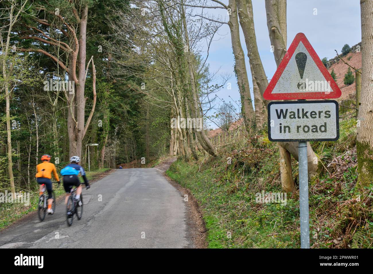 Ciclisti su strada con Walkers in Road segno sulla strada accanto a Loweswater, Lake District, Cumbria Foto Stock