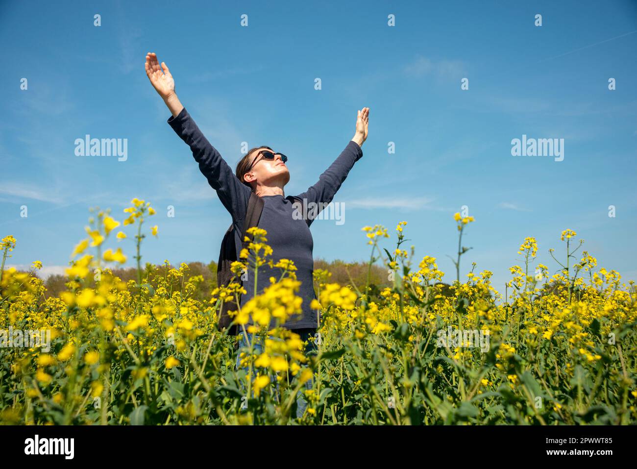 Donna in piedi in un campo giallo con le braccia sollevate, mente spirito corpo concetto. Foto Stock