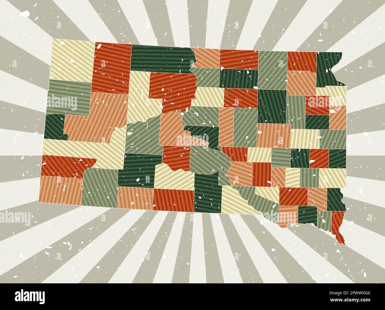 Mappa d'epoca del South Dakota. Poster grunge con mappa dello stato degli Stati Uniti nella tavolozza dei colori rétro. Forma del South Dakota con sfondo a raggi solari. Illustrazione Vettoriale