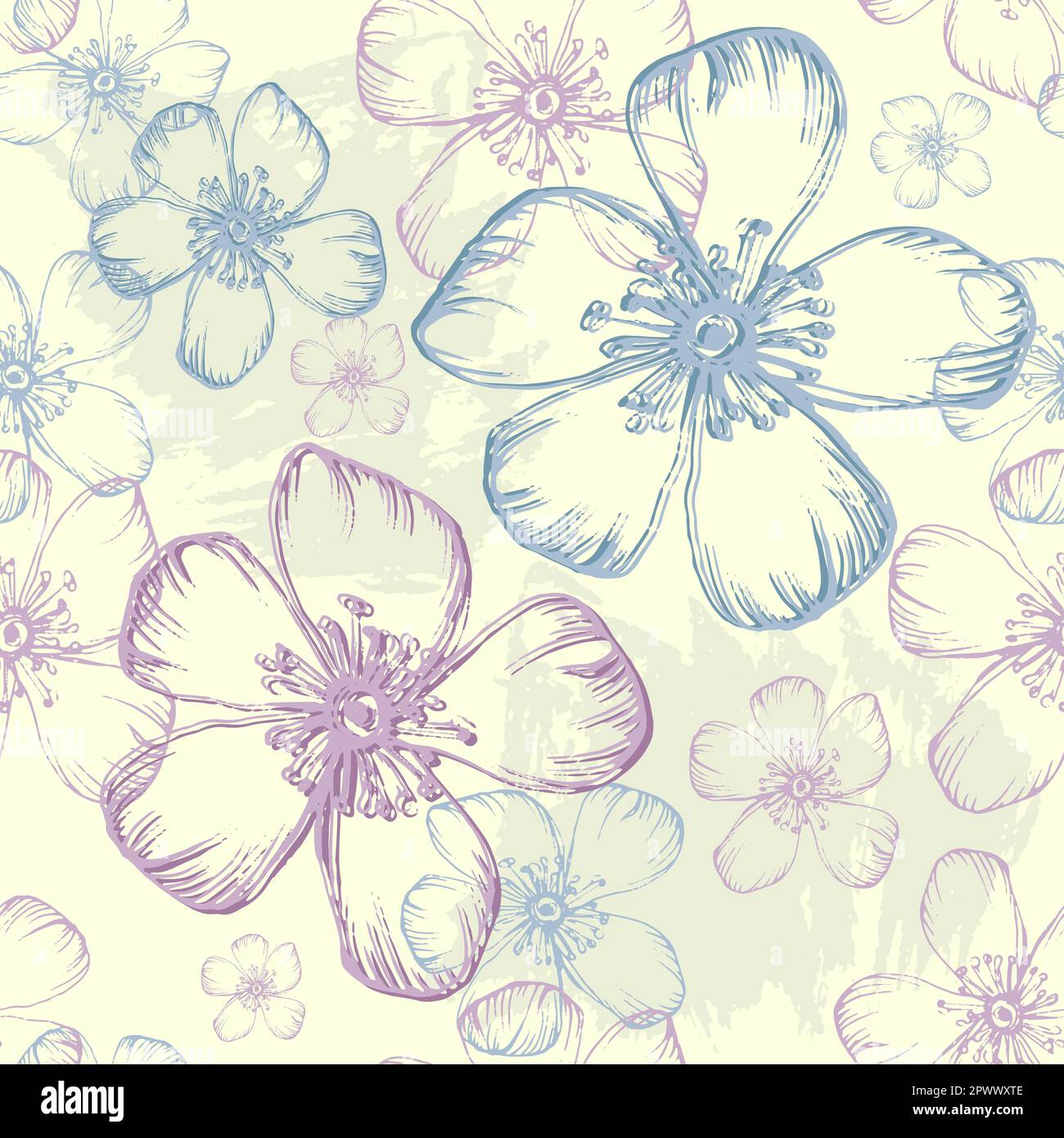 Motivo senza cuciture con fiori di ciliegio. Illustrazione vettoriale vintage disegnata a mano in stile schizzo. Fiore rosa ciliegia stampa tessile, albero primaverile blos Illustrazione Vettoriale