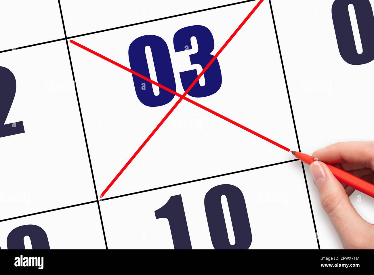 3rd giorno del mese. Data calendario testo scrittura a mano. Progettare il layout della data di calendario. Croce rossa contrassegnata sul foglio del calendario. Concetto giorno dell'anno. Foto Stock