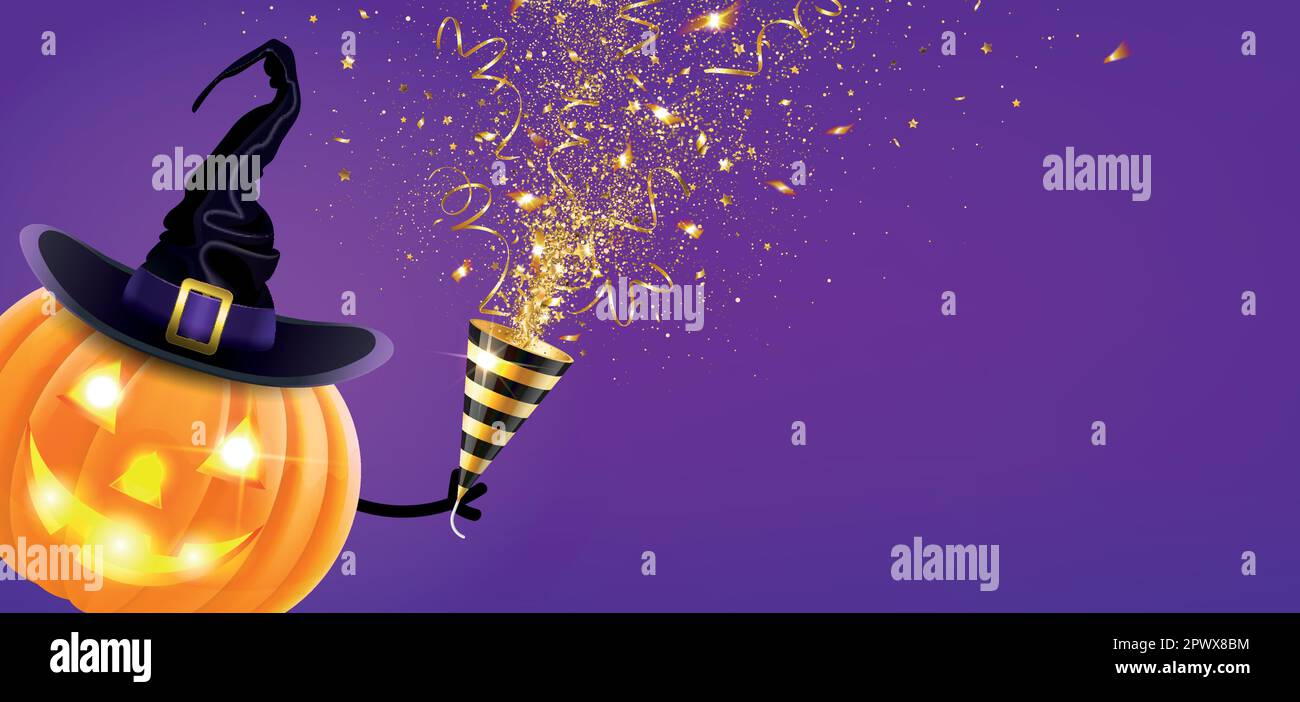 zucca di halloween e popper partito di esplosione con confetti d'oro su uno sfondo viola Illustrazione Vettoriale