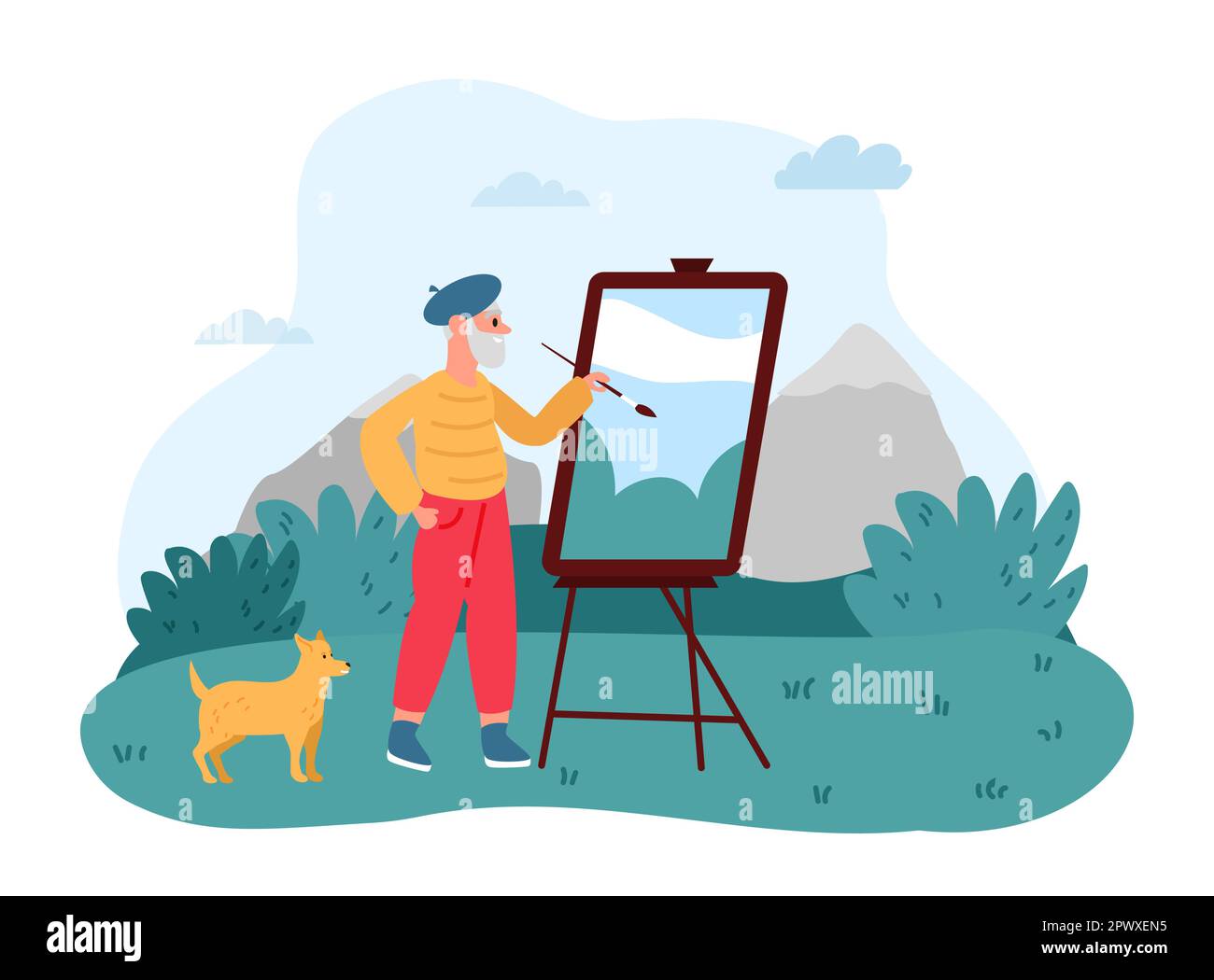 L'hobby delle persone anziane. Anziani pensionamento e impegnarsi in attività creative, pittura all'aperto. Cartone animato uomo disegno su tela natura. Atto di svago Illustrazione Vettoriale