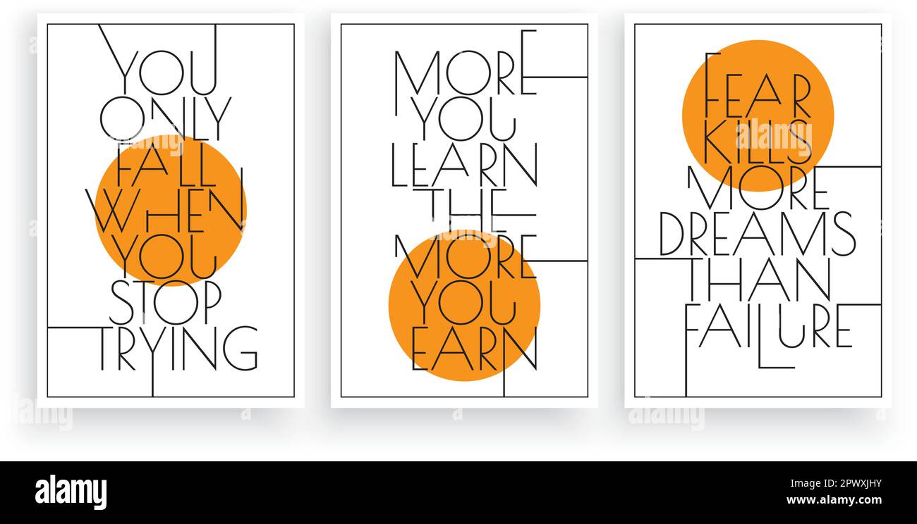Virgolette motivazionali, ispiratrici, vettoriali. Design del testo, lettere. Tre pezzi scandinavi design minimalista poster. Illustrazione Vettoriale