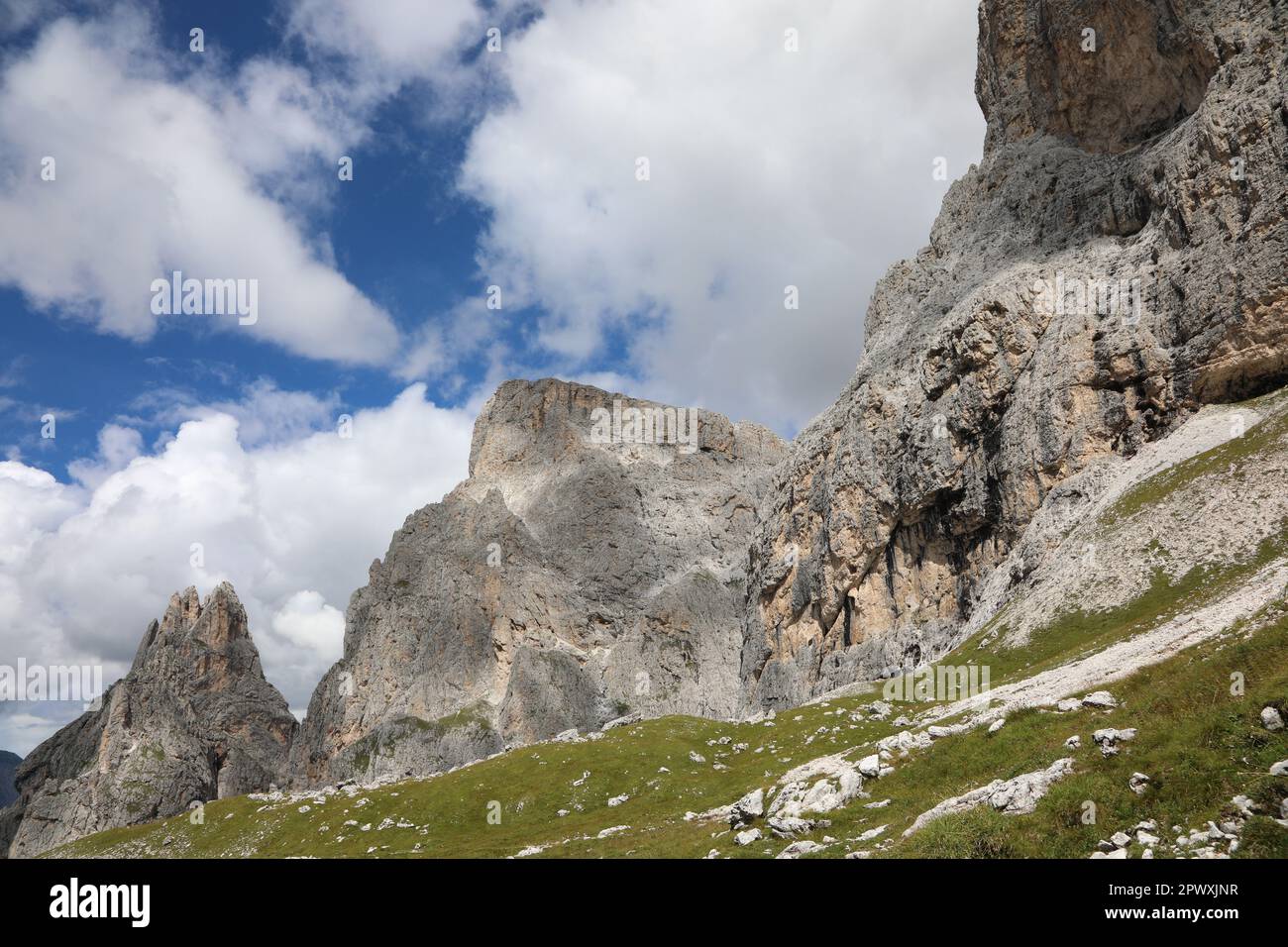 Panorama alpino delle alpi dolomitiche nel nord italia in estate vicino al villaggio di San martino di Castrozza Foto Stock