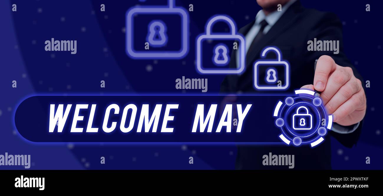 Segno che mostra Benvenuto Maggio, concetto che significa Calendario Sesto mese secondo trimestre trenta giorni saluti Foto Stock
