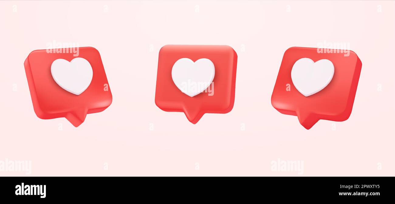 3D casella di testo Heart, icona Heart, notifica Love social media, icona Love per instagram nella casella di chat. Imposta come icona a forma di cuore su una puntina rossa. Icona a forma di bolla di riconoscimento vocale insieme di cuore. illustrazione vettoriale 3d. Illustrazione vettoriale Illustrazione Vettoriale