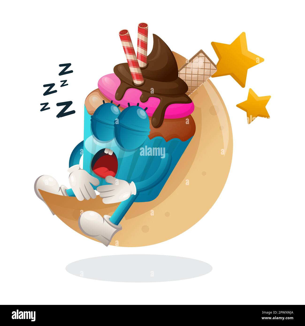 Cute cuccetta mascotte dormire, dormire sulla luna. Perfetto per negozi di alimentari, piccole aziende o e-commerce, merchandising e adesivi, promozione banner, f Illustrazione Vettoriale