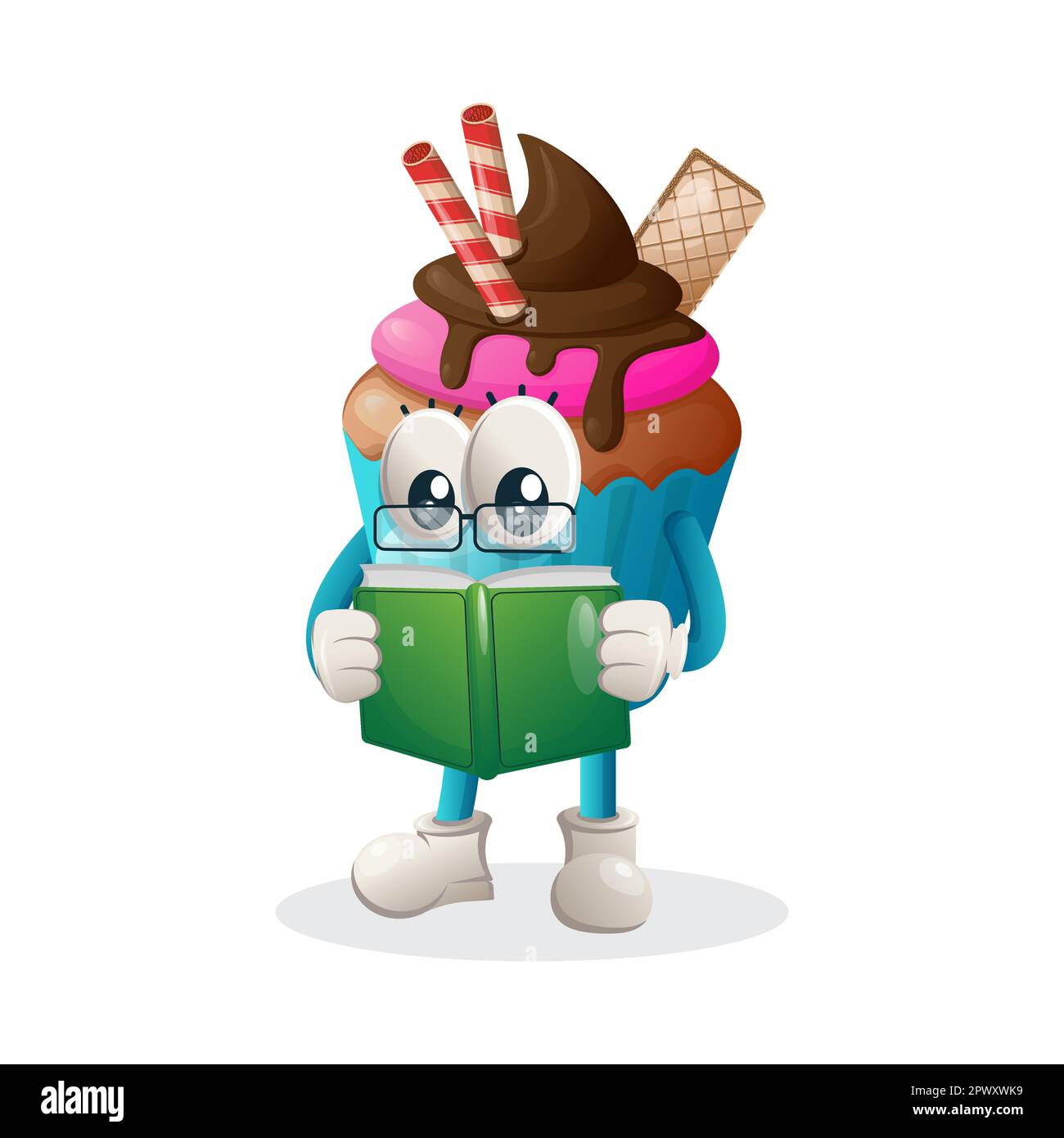 Mascotte di cupcake carino che legge un libro. Perfetto per negozi di alimentari, piccole imprese o e-commerce, merchandise adesivi, promozione banner, blog di revisione alimentare Illustrazione Vettoriale