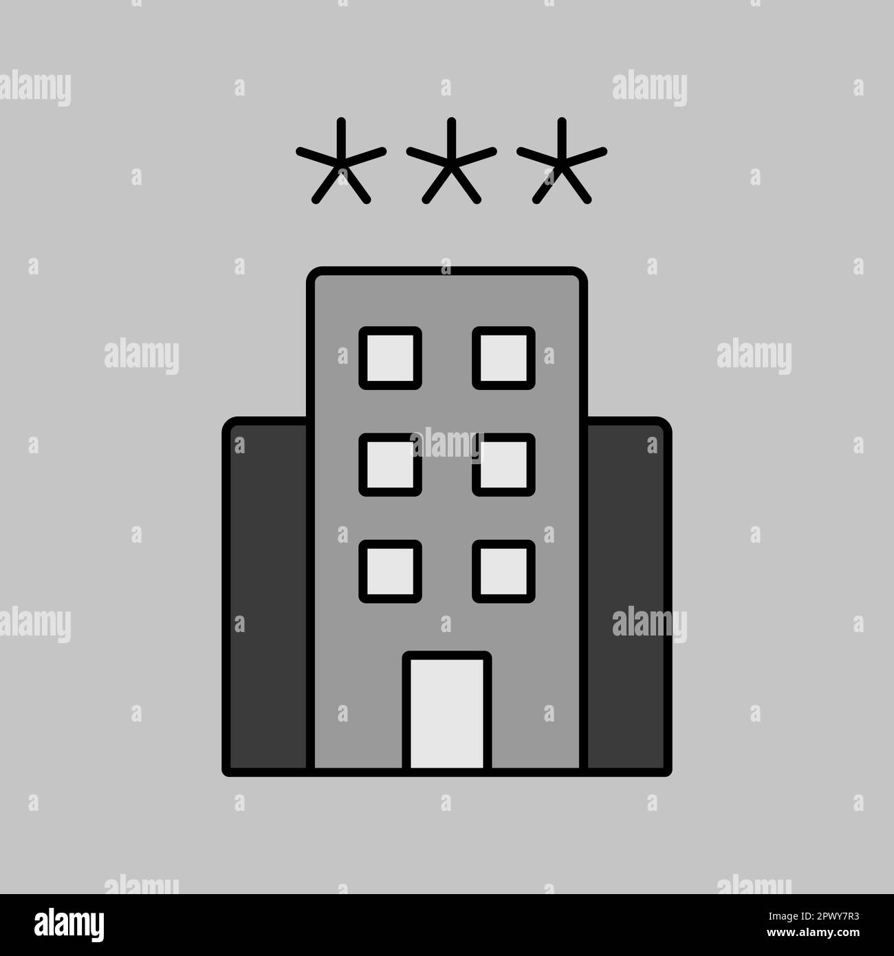 Icona a tre stelle in scala di grigi con isolamento vettoriale. Simbolo grafico per siti Web di viaggi e turismo e design, logo, app, interfaccia utente Foto Stock