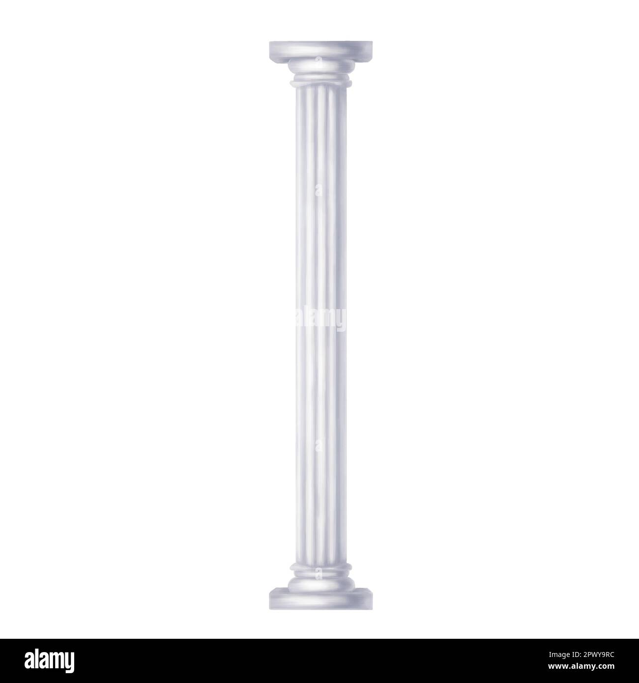 Classica colonna di marmo bianco antico in stile romano e rinascimentale. Illustrazione digitale su sfondo bianco. Scenario antico, parte dell'anfiteo Foto Stock