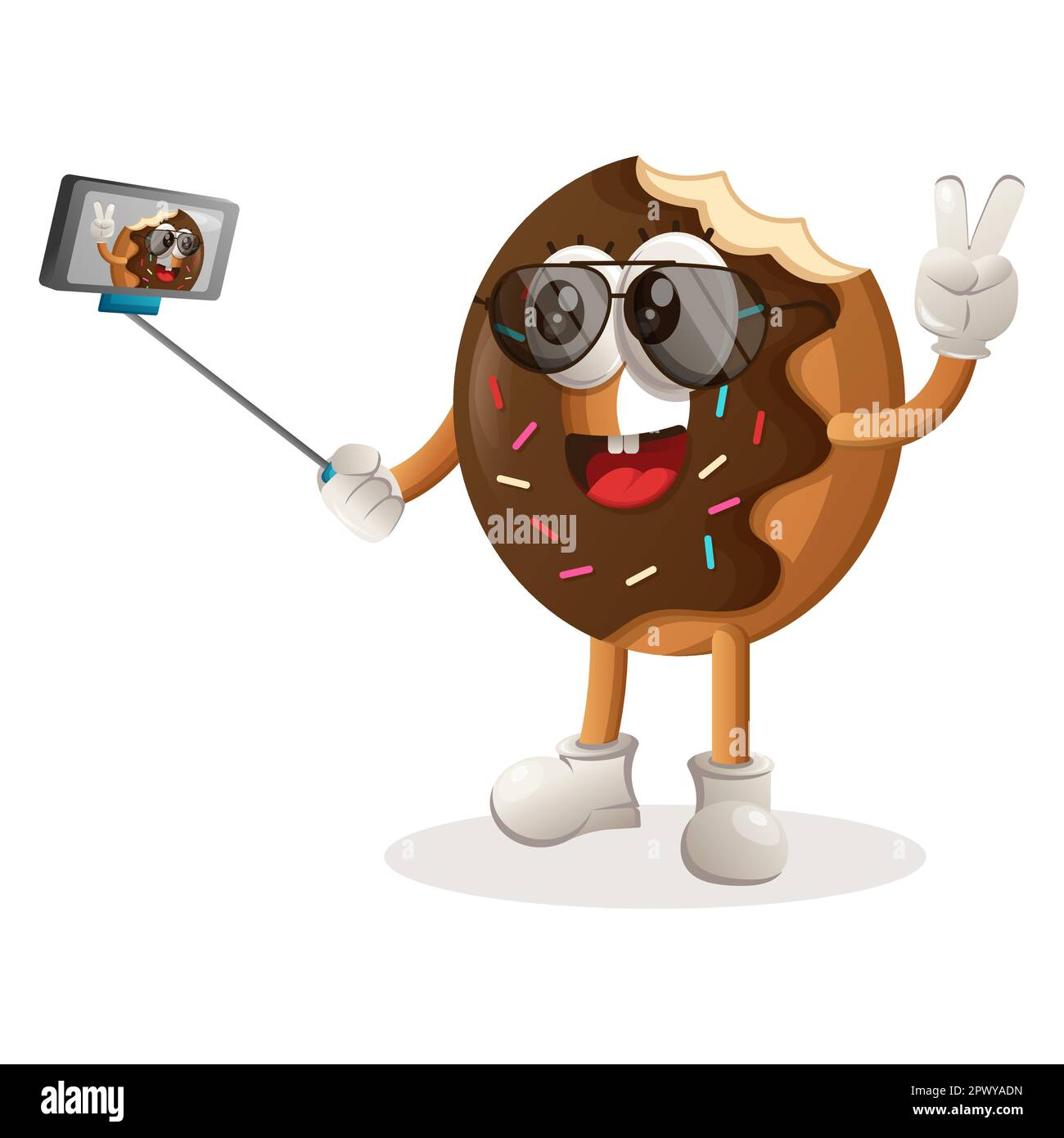 La mascotte della ciambella prende un selfie con lo smartphone. Perfetto per negozi di alimentari, piccole aziende o e-commerce, merchandising e adesivi, promozione banner, foo Illustrazione Vettoriale