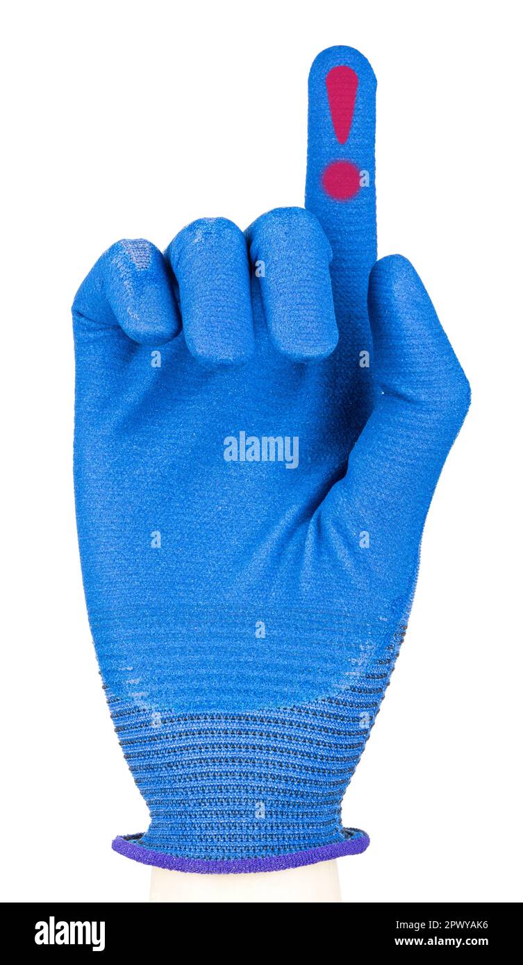 Mano che punta il dito verso l'alto, gesture attenzione, annuncio di idee. Punto esclamativo. Avvertenza, simbolo di sicurezza, segnale. Foto Stock