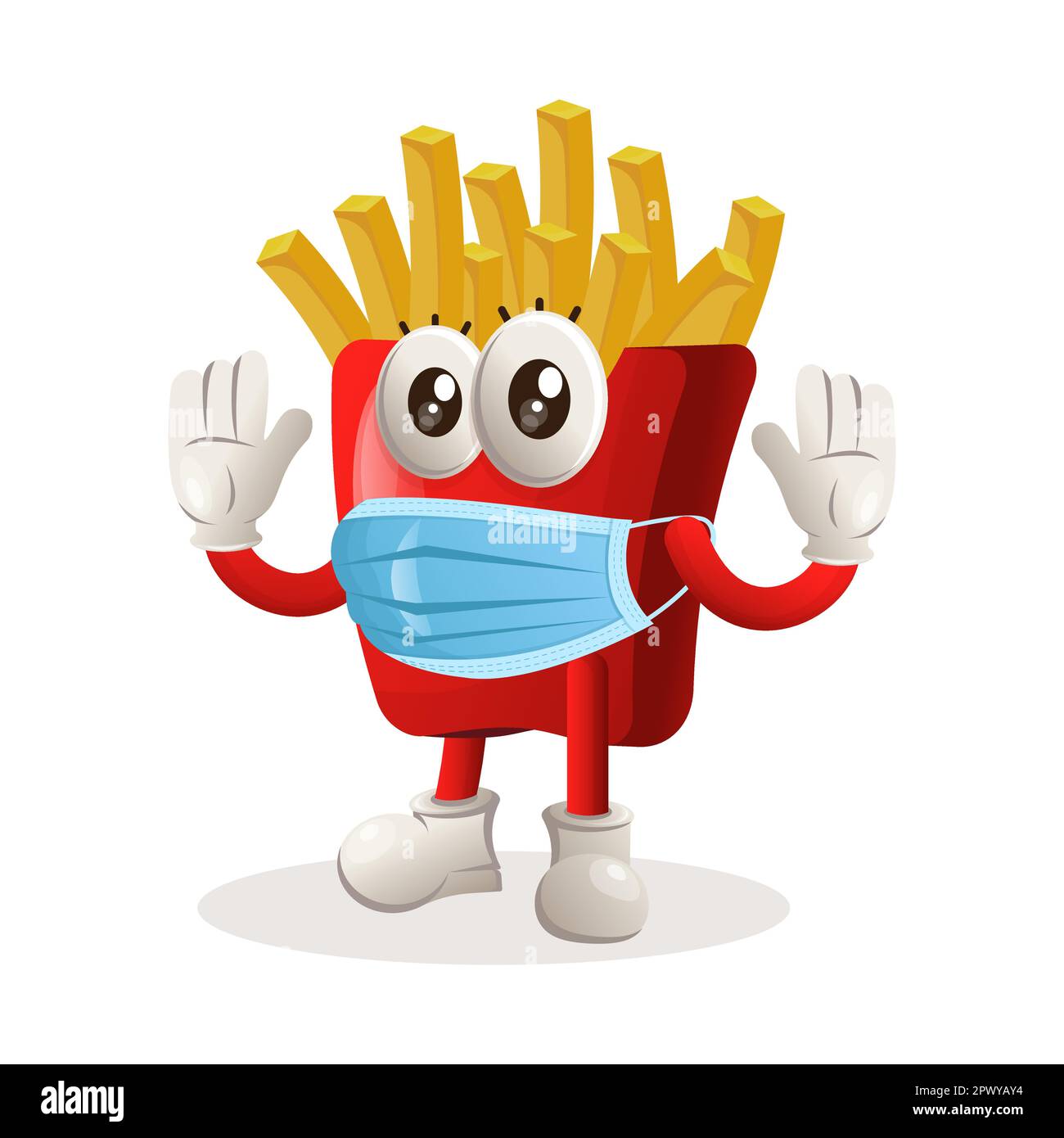 Carino patatine fritte mascotte indossare maschera medica, proteggere da covid-19. Perfetto per negozi di alimentari, piccole aziende o e-commerce, articoli e adesivi, b Illustrazione Vettoriale