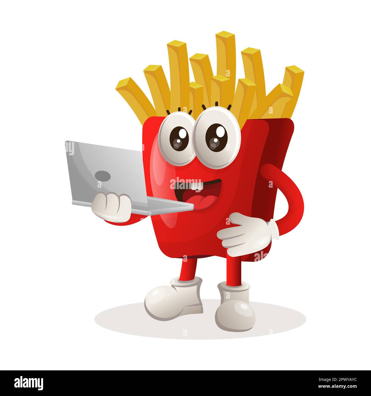 La mascotte delle patatine fritte che funziona usando un laptop. Perfetto per negozi di alimentari, piccole aziende o e-commerce, merchandising e adesivi, promozione banner, cibo Illustrazione Vettoriale