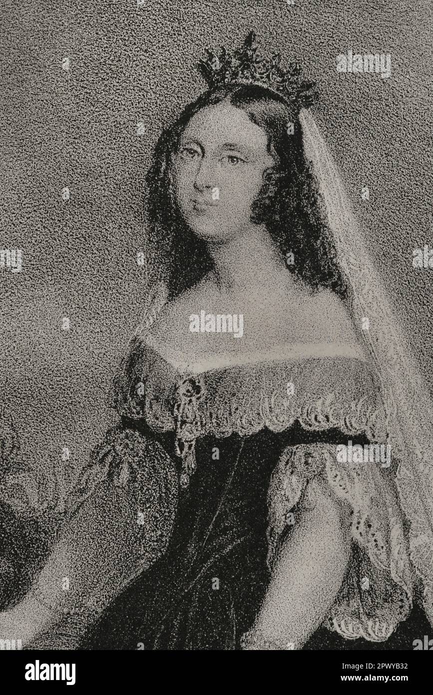 Sophie di Württemberg (1818-1877). Regina dei Paesi Bassi (1849-1877) e Granduchessa di Lussemburgo. Prima moglie del re Guglielmo III dei Paesi Bassi. Verticale. Disegno di A. Cortés y Vallejo. Litografia di J.J. Martinez. Dettaglio. Reyes Contemporáneos. Volume I. Pubblicato a Madrid, 1855. Foto Stock