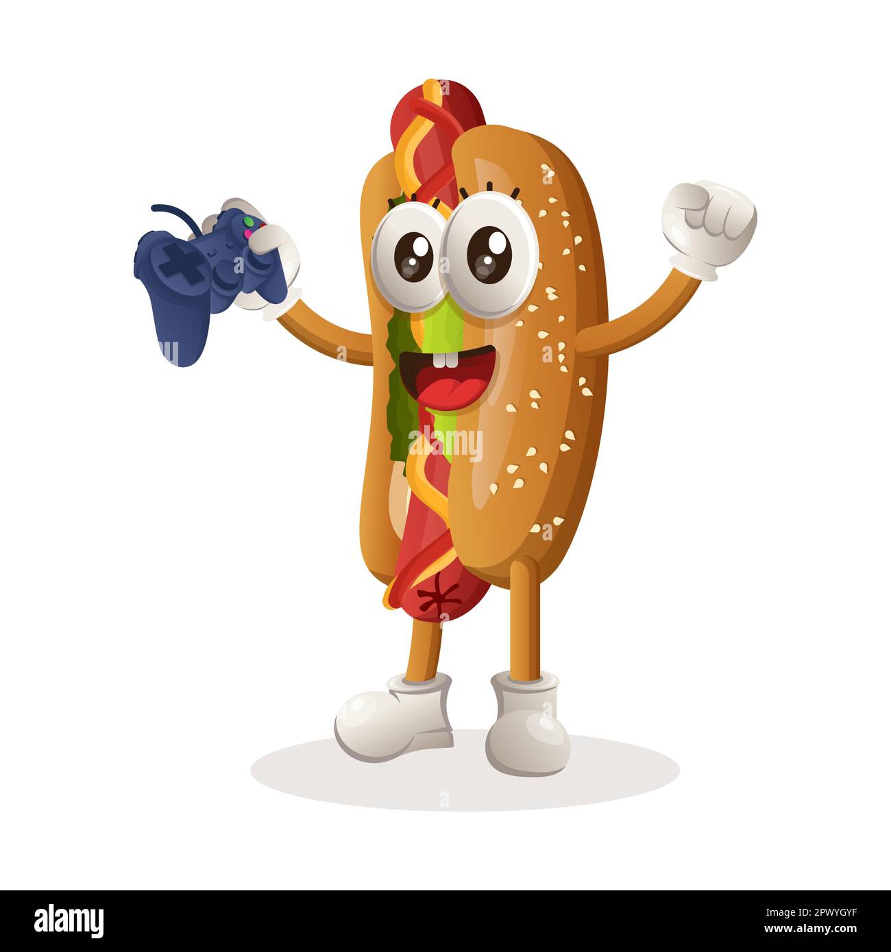 Cute hotdog mascotte giocare videogioco con joystick. Perfetto per negozi di alimentari, piccole aziende o e-commerce, merchandising e adesivi, banner Illustrazione Vettoriale