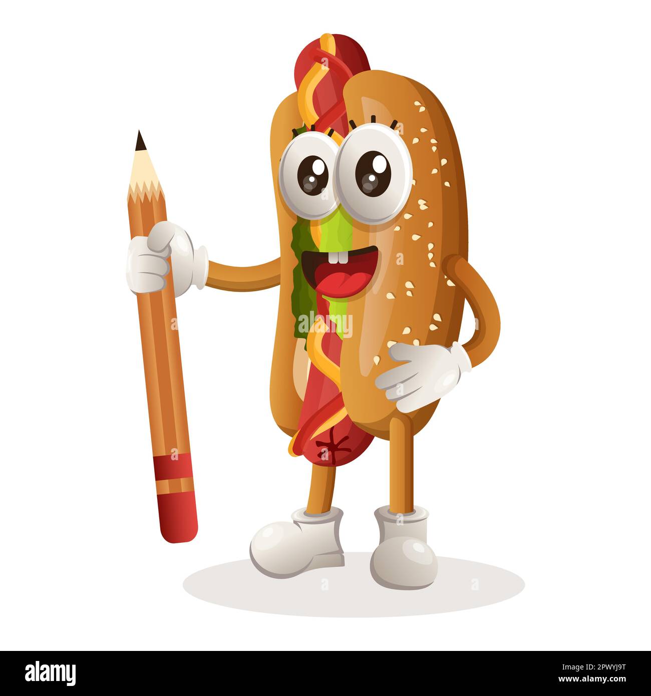 Mascotte hotdog carino che tiene la matita. Ideale per bambini, piccole aziende o e-commerce, merchandising e adesivi, promozione banner, blog o canale vlog Illustrazione Vettoriale