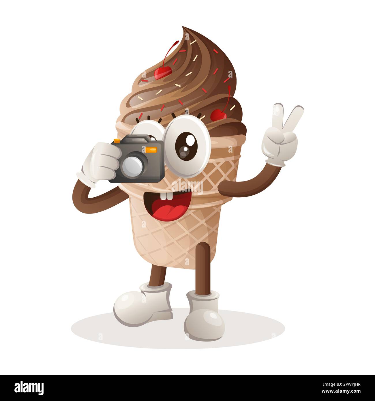 Simpatica mascotte gelato che scatta foto con la fotocamera. Perfetto per negozi di alimentari, piccole aziende o e-commerce, merchandising e adesivi, promozione banner, cibo Illustrazione Vettoriale