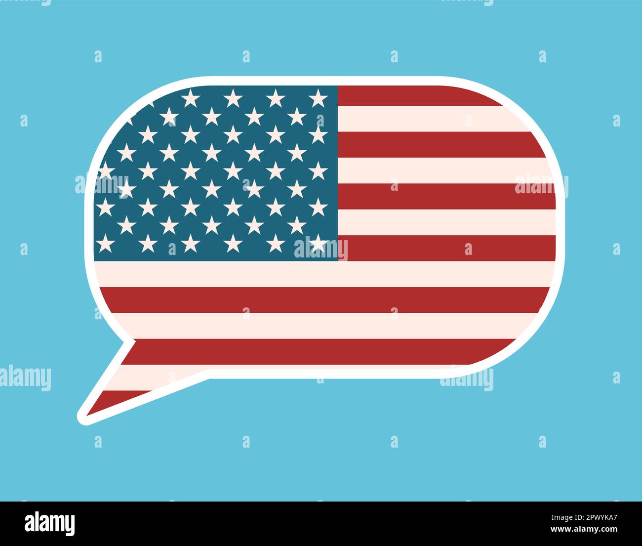 Bolla di discorso con bandiera americana. Corso di lingua inglese. Parla inglese americano. Scuola di lingua straniera. Dichiarazione americana Illustrazione Vettoriale