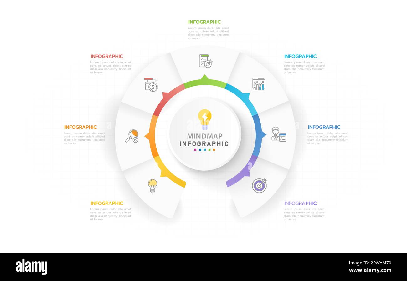 Modello infografico per le aziende. 7 passi Modern mindmap diagramma con argomenti, presentazione vettore infografica. Illustrazione Vettoriale