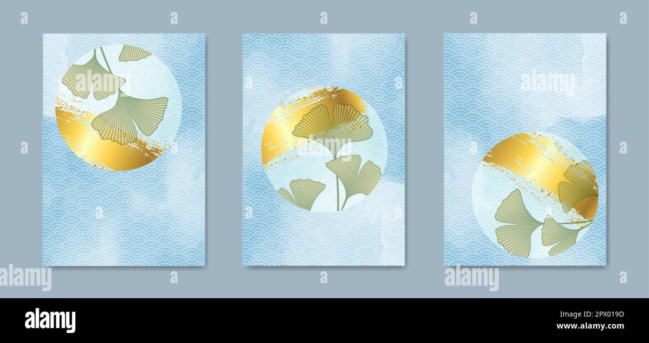 Foglie di Ginkgo con illustrazione a acquerello disegnata a mano in modello d'onda giapponese. Set carta di motivi floreali e texture oro. Vector Oriental floral lu Illustrazione Vettoriale