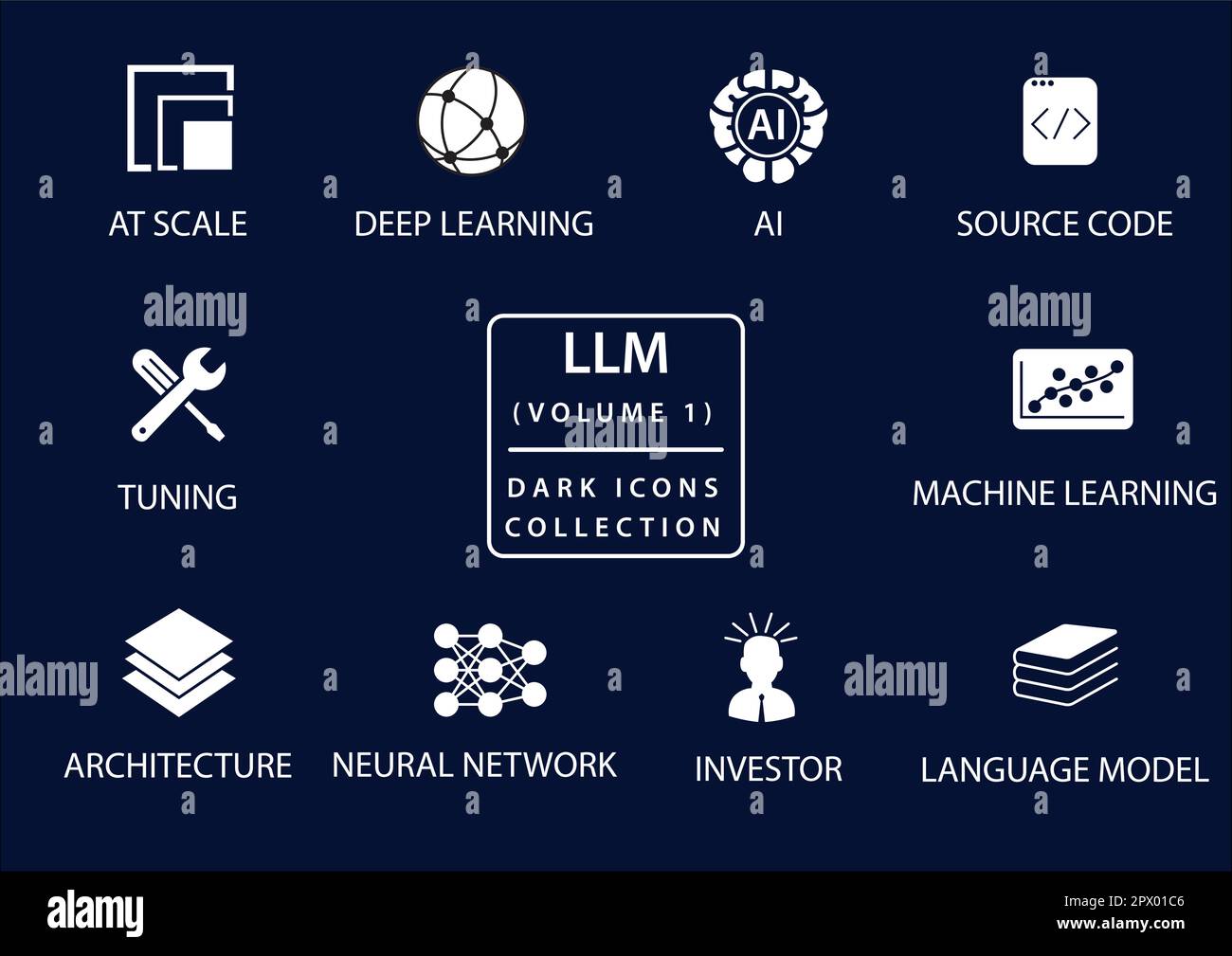 LLM Large Language modella il set di icone vettoriali con design piatto e modalità scura Illustrazione Vettoriale