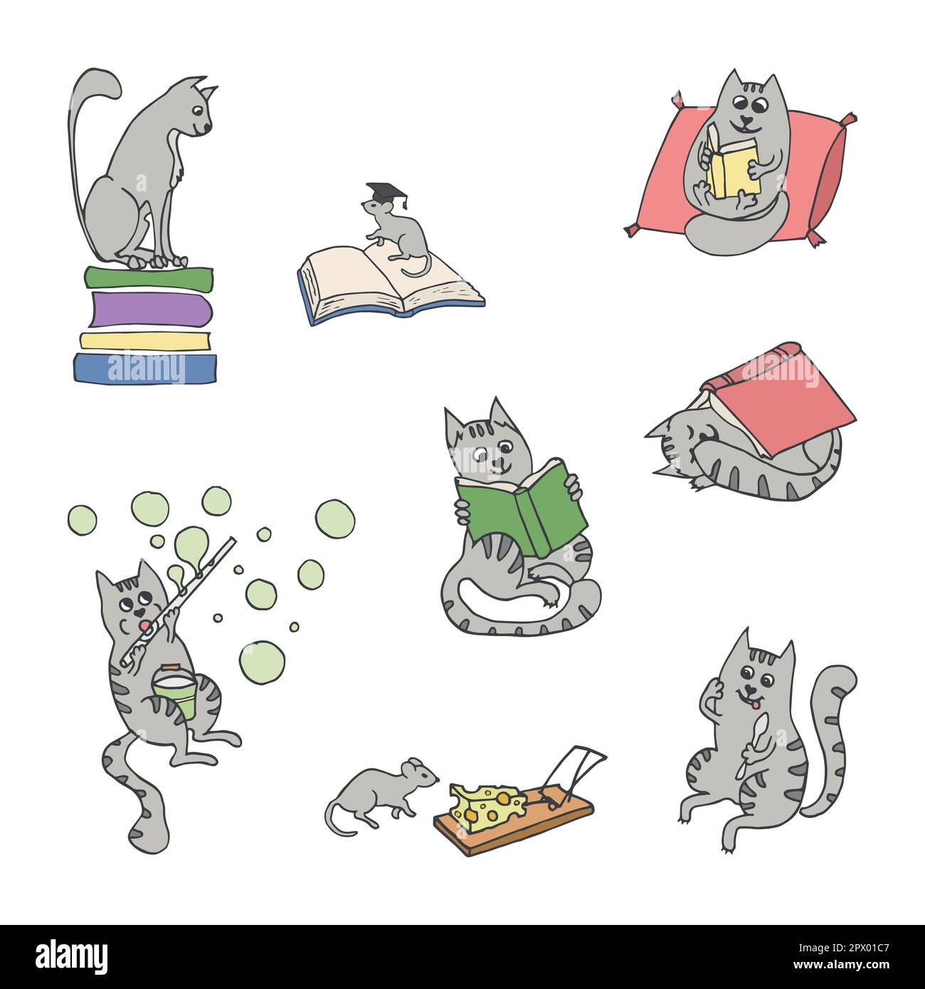 illustrazione vettoriale di set con gatti divertenti. Gatti carini disegnati a mano Illustrazione Vettoriale