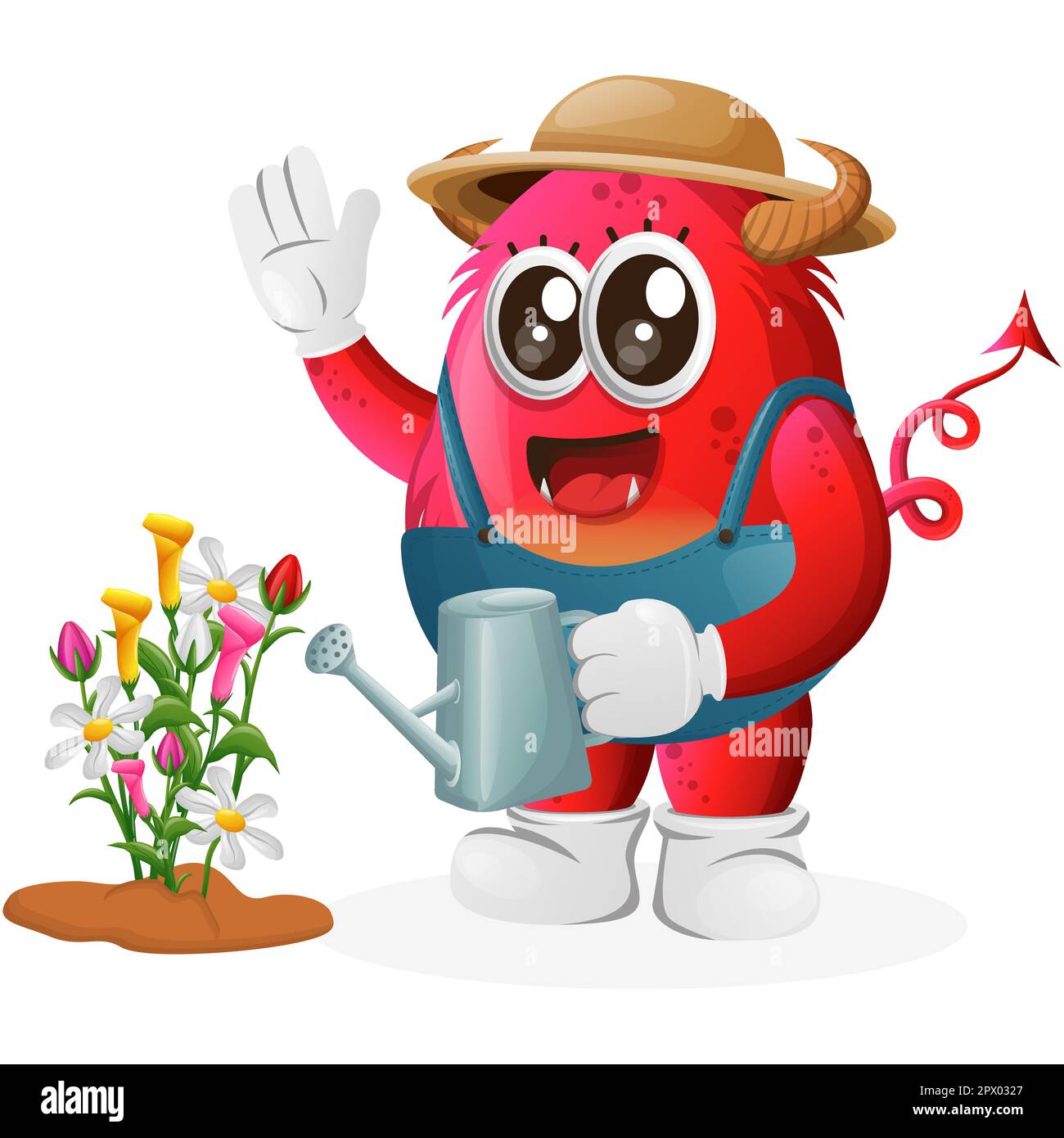 Carino mostro rosso giardinaggio prendersi cura delle piante. Perfetto per bambini, piccole imprese o e-commerce, merchandising e adesivi, promozione banner, blog o v Illustrazione Vettoriale