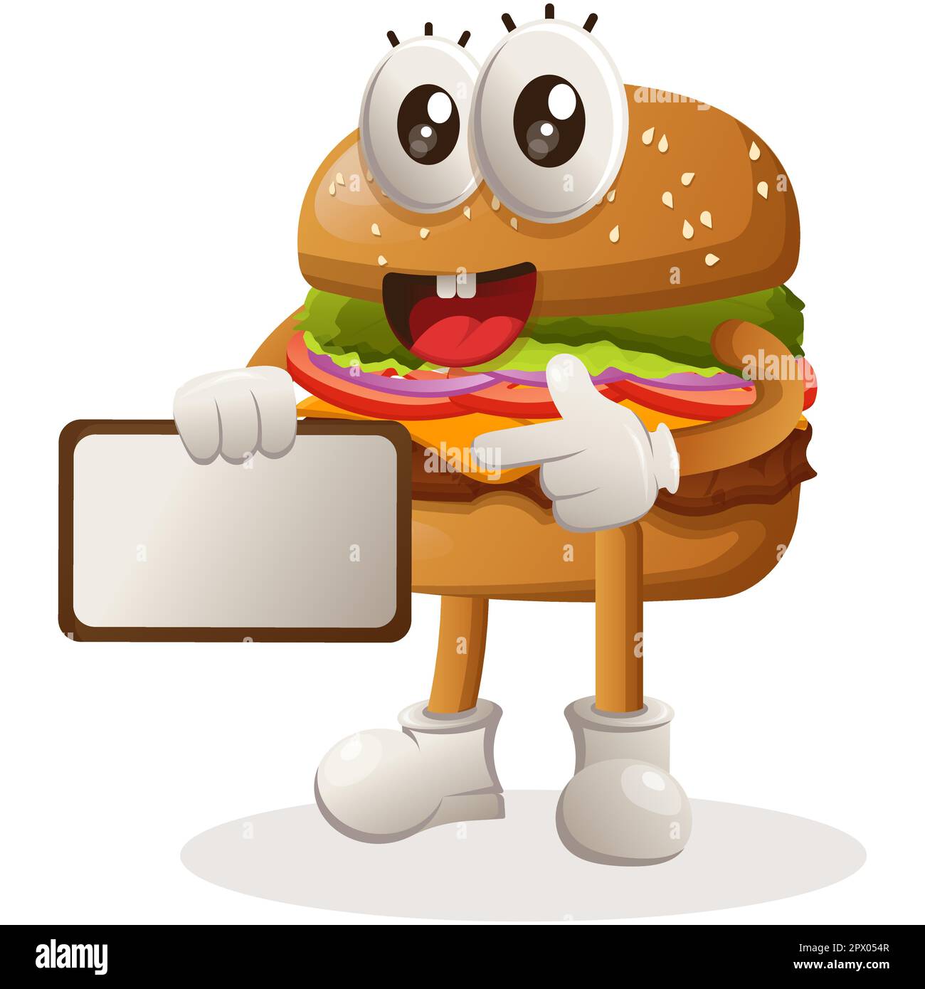 Simpatico burger mascotte design tenendo cartelloni per la vendita. Burger cartoon mascotte personaggio design. Cibo delizioso con formaggio, verdure e carne. Carino m Illustrazione Vettoriale