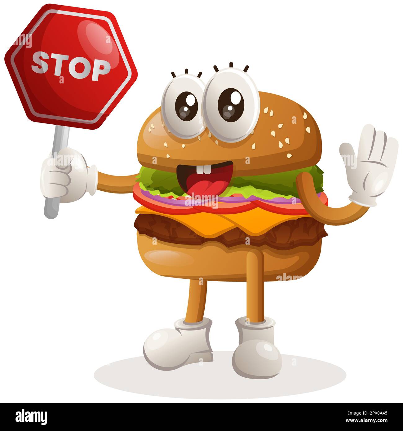 Simpatico burger mascotte design tenendo segno di stop, strada segno, strada segno. Burger cartoon mascotte personaggio design. Cibo delizioso con formaggio, verdure e Illustrazione Vettoriale
